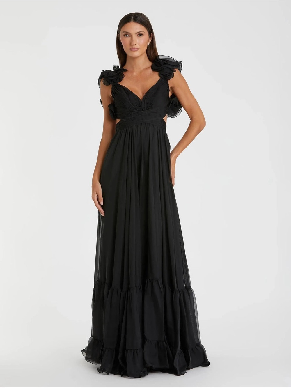 MAC DUGGAL Black Ruffle Tiered Cut-Out Chiffon Gown